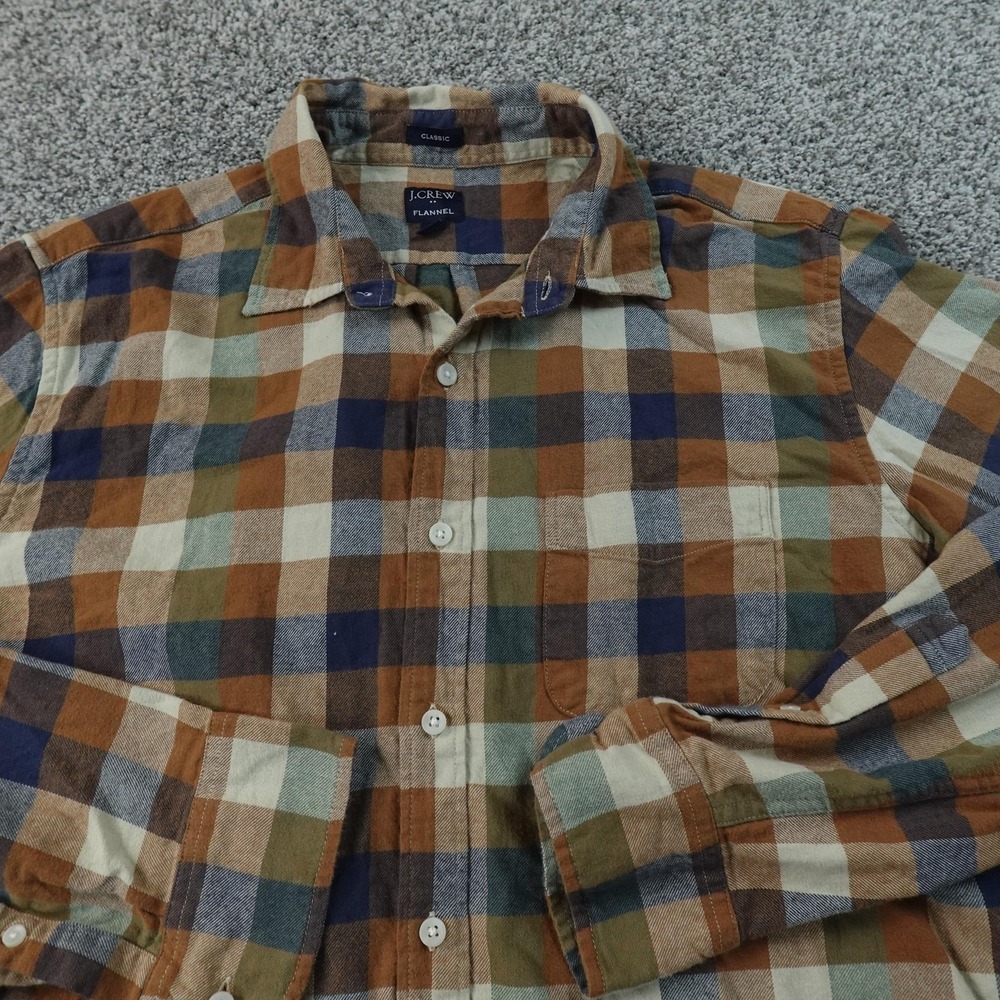 J Crew Shirt Mens L Brown Green Blue Plaid Flannel Long Sleeve Button Up Outdoor
